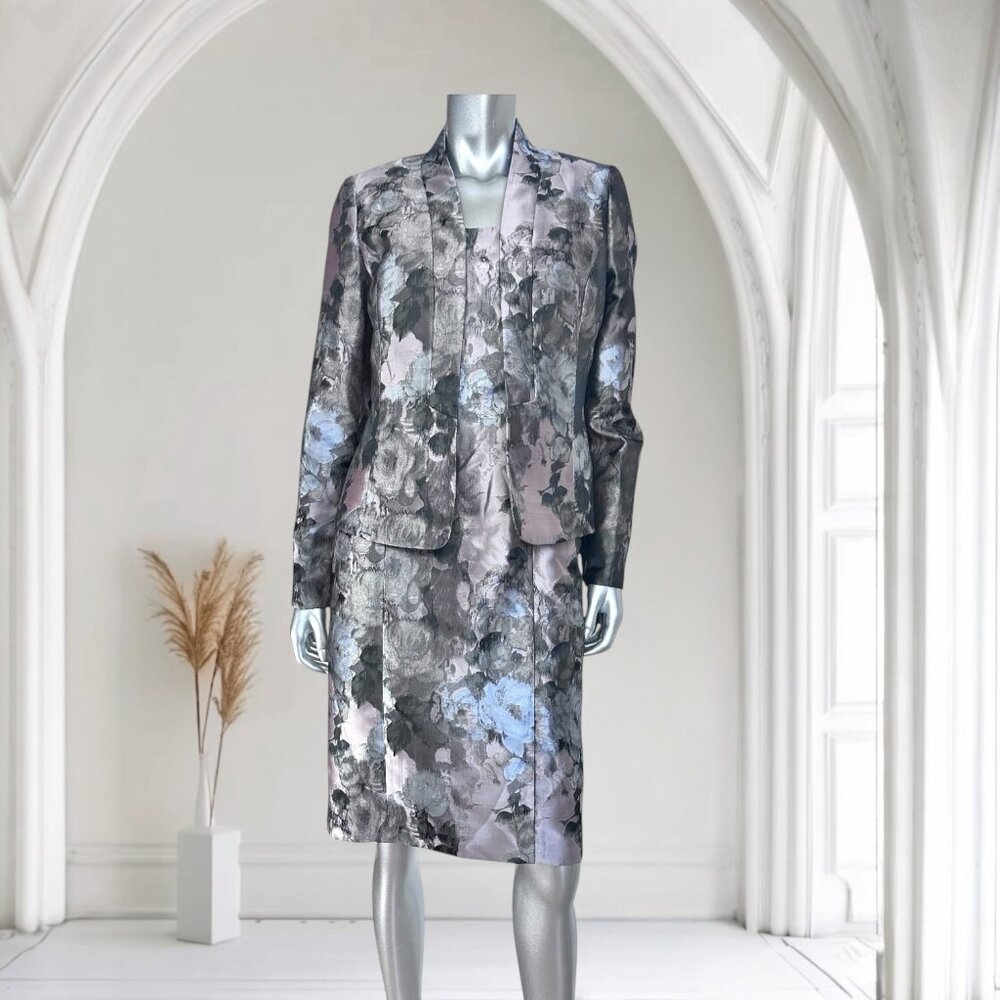 Kasper Gray & Lavender Floral Brocade Dress & Jacket Set Size 8 Elegant